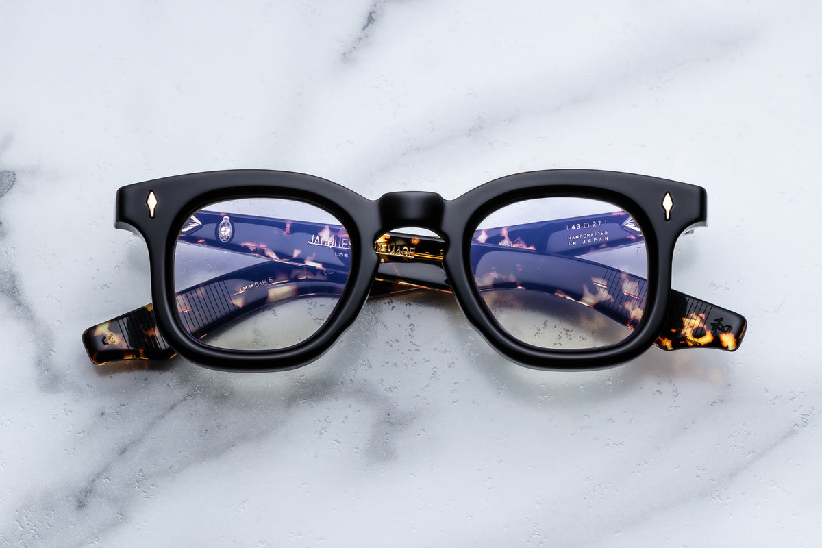 Jacques Marie Mage black acetate optical eyeglasses with gold diamond details and tortoiseshell temple accents from the Acetate Series