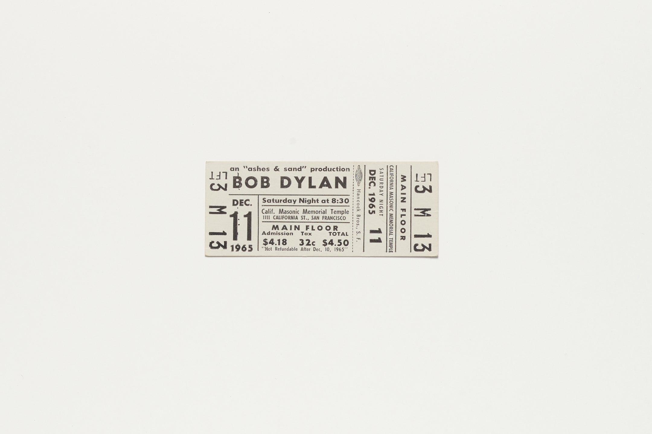 BOB DYLAN CONCERT TICKET STUB, 1965